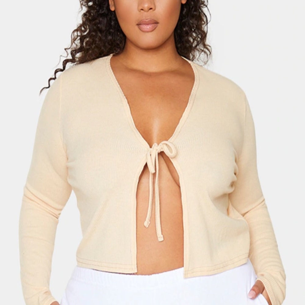 Plus Sand Rib Tie Front Long Sleeve Crop Top